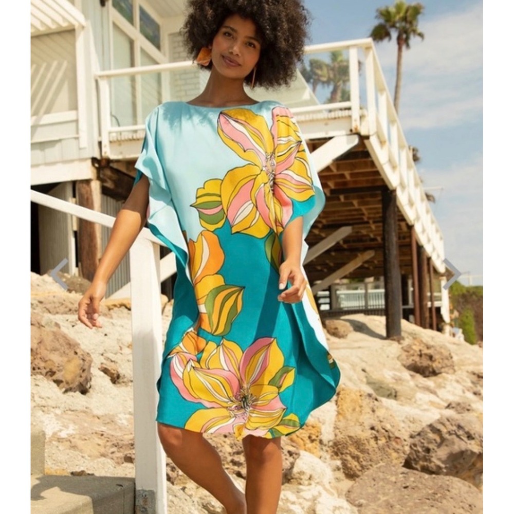 Trina Turk Kaftan Dress Womens Small Blue Floral‎ 100% Silk Excellent Mini Shift